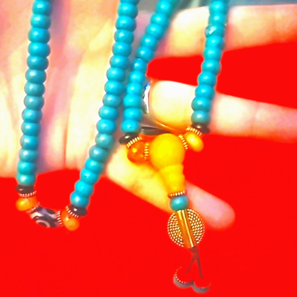 Turquoise, Yellow Agate, African Beaded Gorgeous Handmade Necklace 26" Bohemian